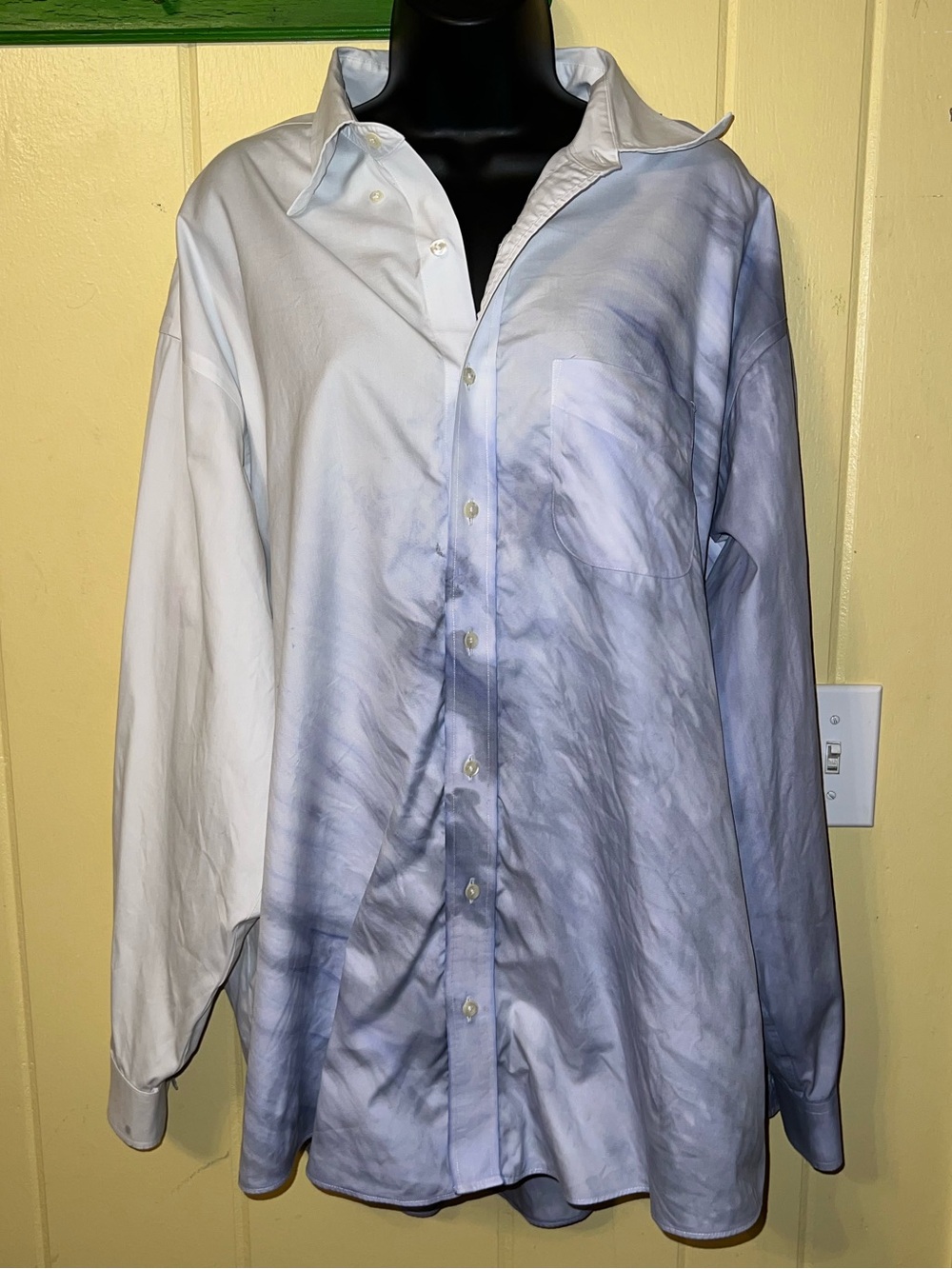 White Ombre Watercolor Artisanal Upcycled Blue Retro Button-Up Shirt Size XL - Picture 1 of 12